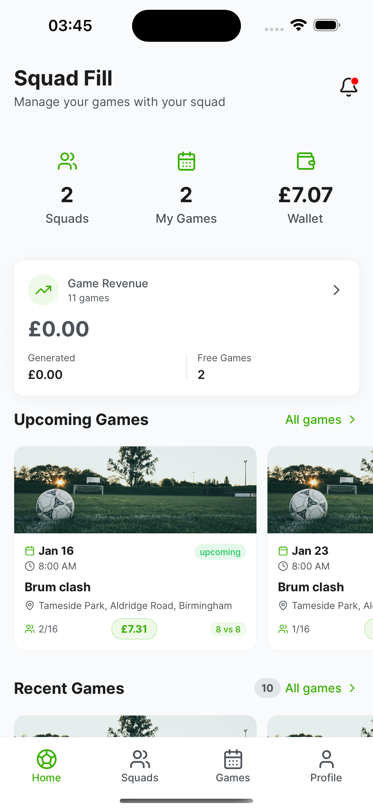 SquadFill app showing nearby games